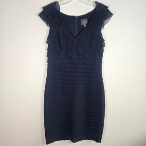 Adrianna Papell Navy Blue Sheath Dress Ruffled‎ Sleeveless Party Cocktail 10